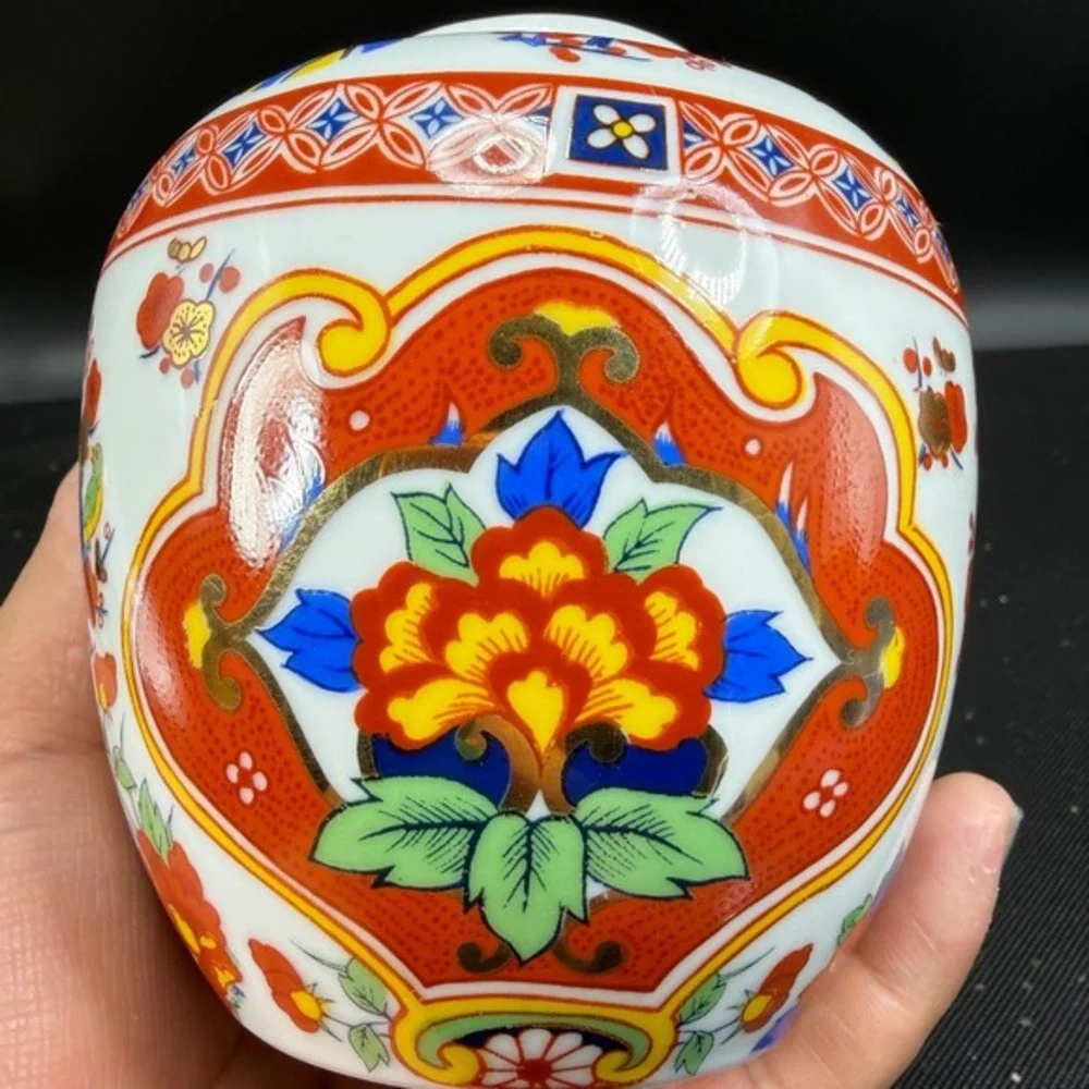 Vintage Porcelain Ginger Jar Floral Bird‎ Chinoiserie Lidded Vase Gilt 5 Inch